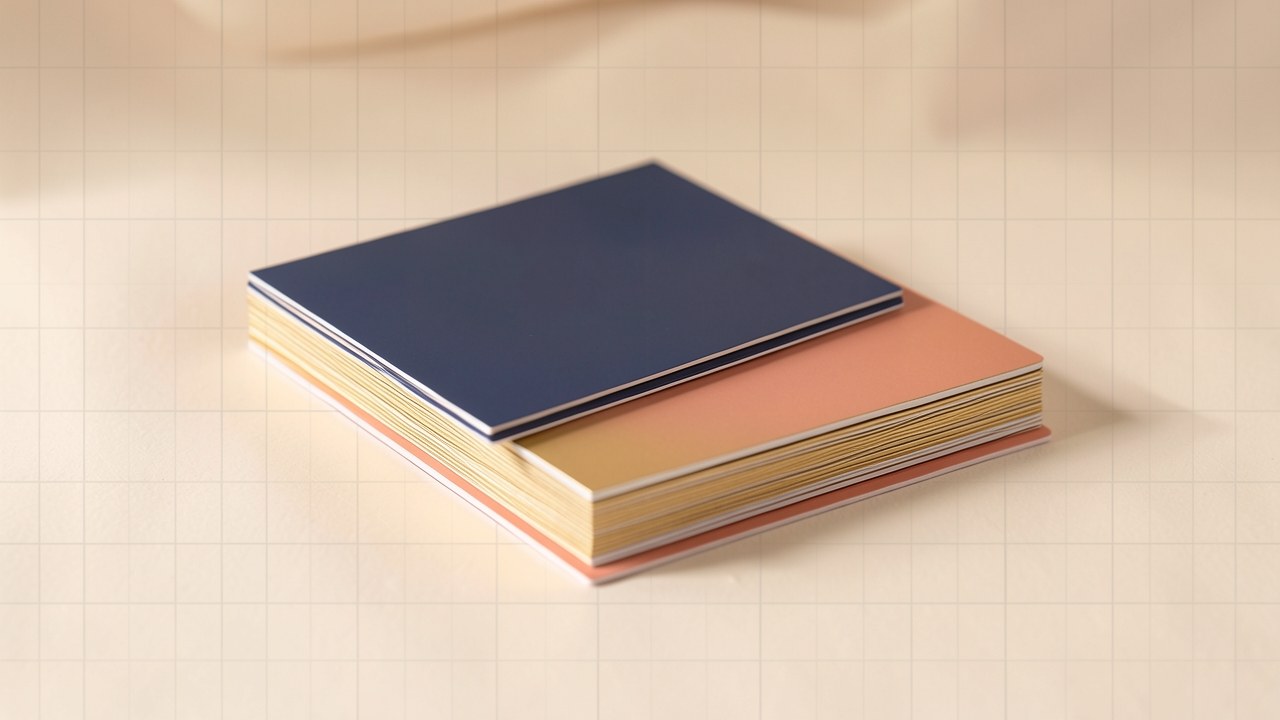 A neat stack of various credit cards on a warm, off-white surface with soft shadows and a subtle grid pattern in the background.