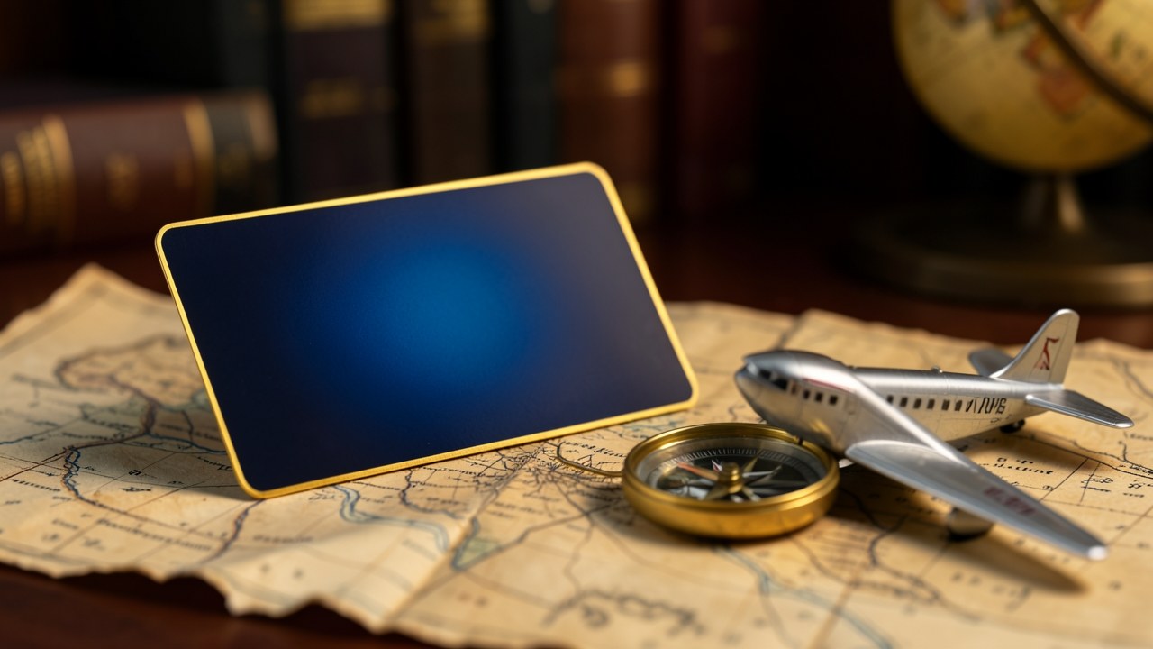 An elegant credit card with a dark blue gradient and gold edge, placed on a map with a compass and a small airplane model, suggesting travel.