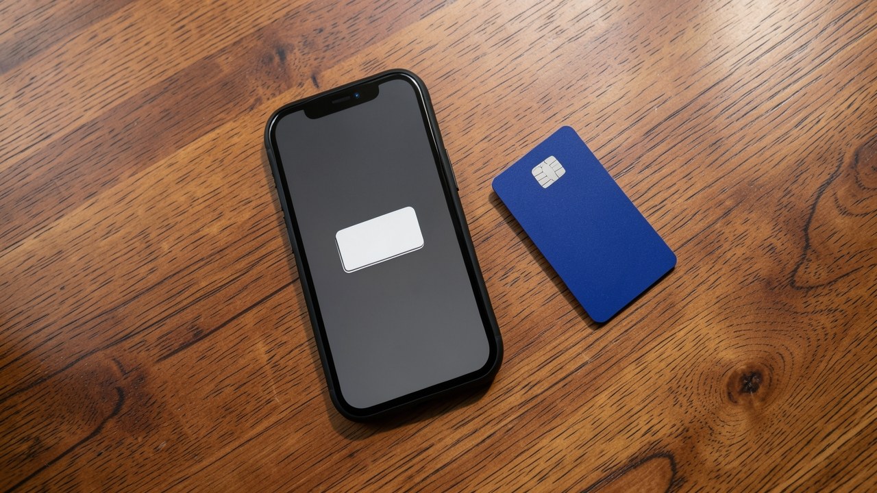 A smartphone lying on a table, its screen showing a simplistic home screen with a credit card graphic, next to a physical credit card.