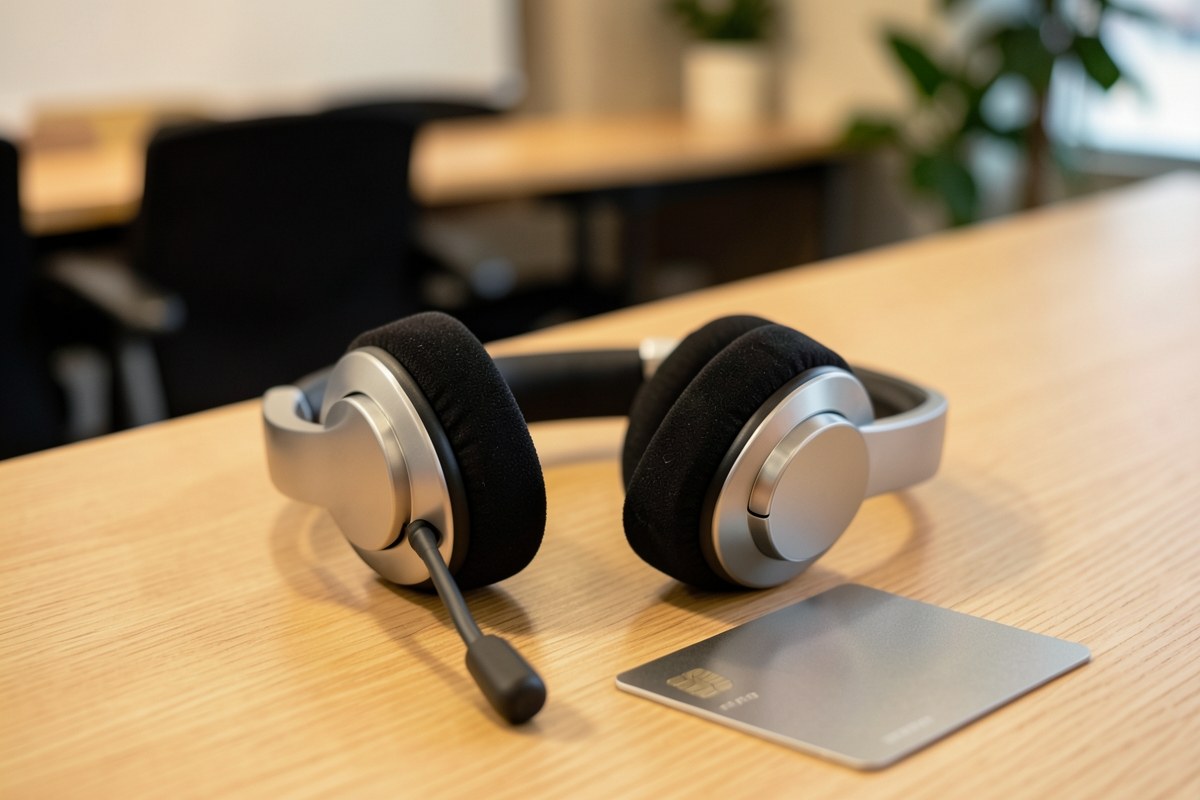 A customer service representative's headset and a credit card on a desk, with a blurred background of a contact center.