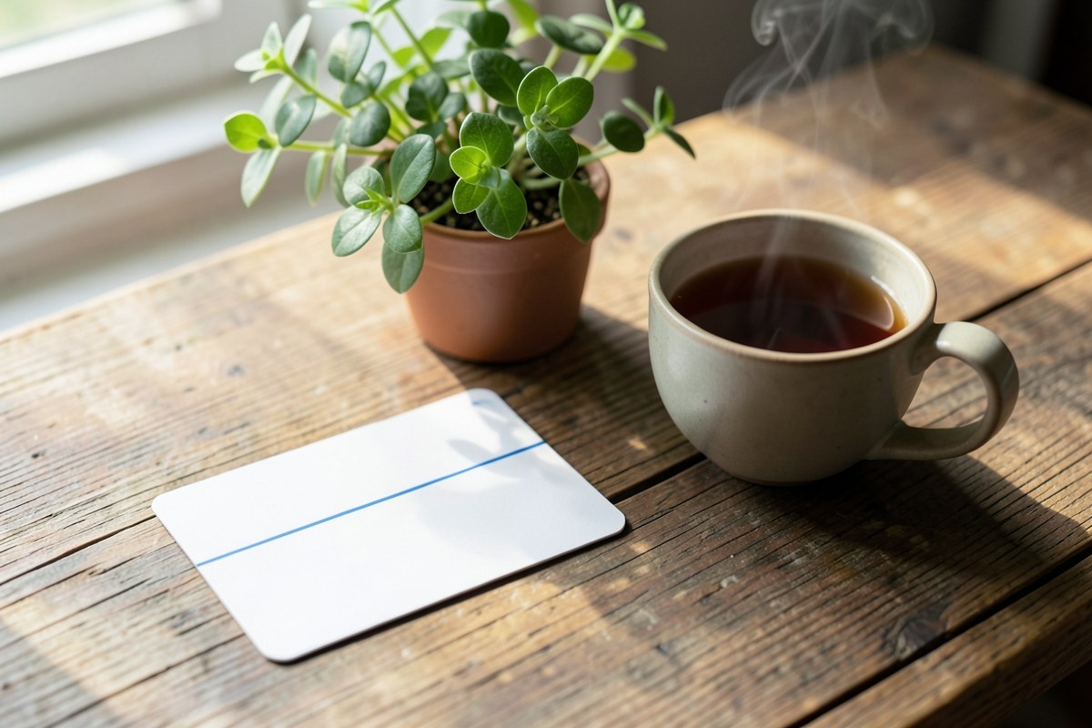 A minimalist credit card in plain white with a thin blue line, on a desk with a cup of tea and a small plant, representing simplicity.