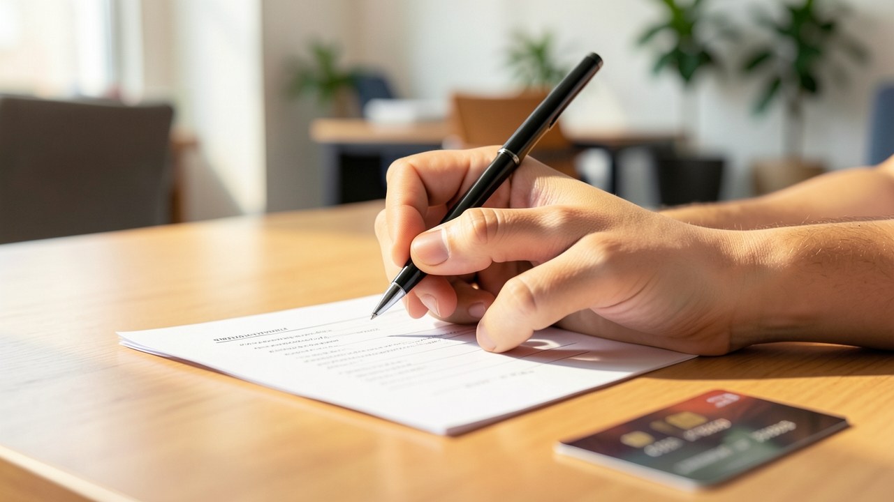 A person's hands filling out a paper application form on a desk with a credit card nearby, indicating the application process.