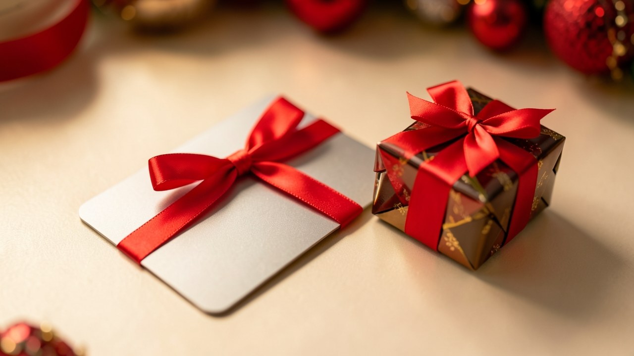 A credit card with a red ribbon and a small gift box, symbolizing sign-up bonuses and promotional offers.