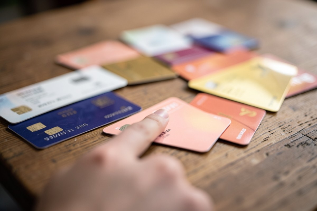 A person's hand pointing at multiple credit cards spread on a table, indicating the decision-making process.