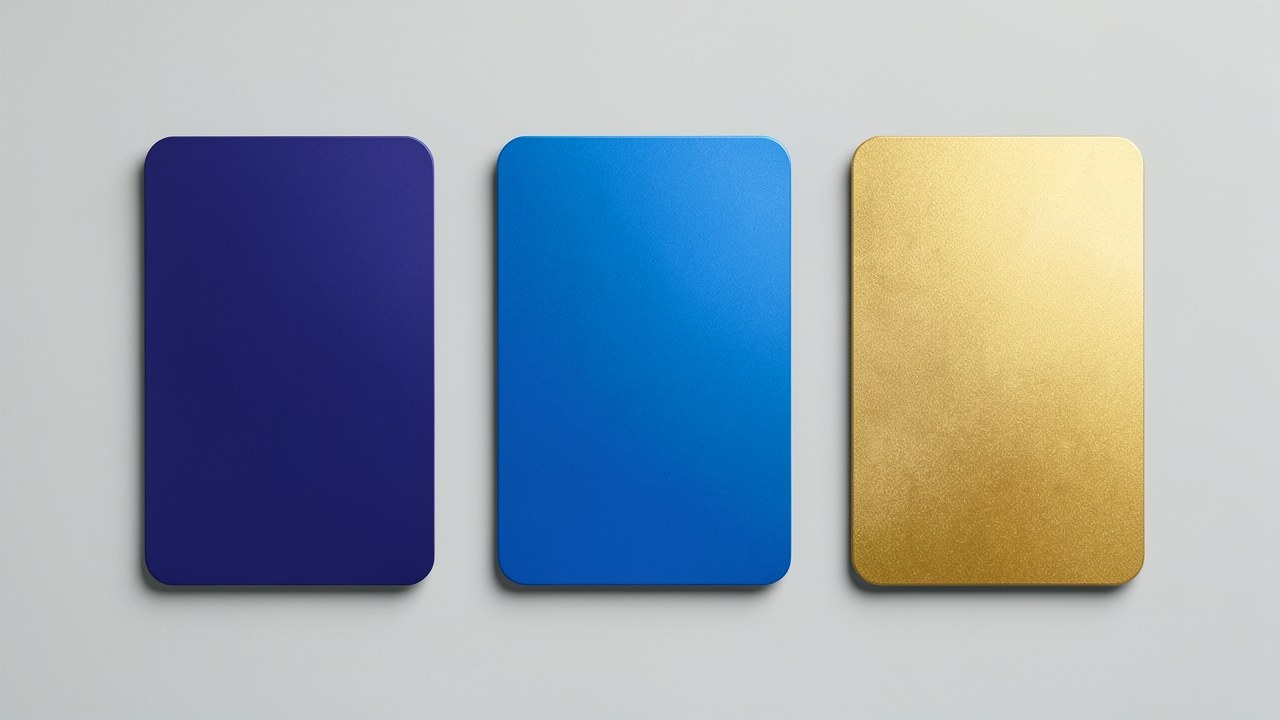 Three credit cards from different issuers are in a row, each with a distinct color, on a neutral background.
