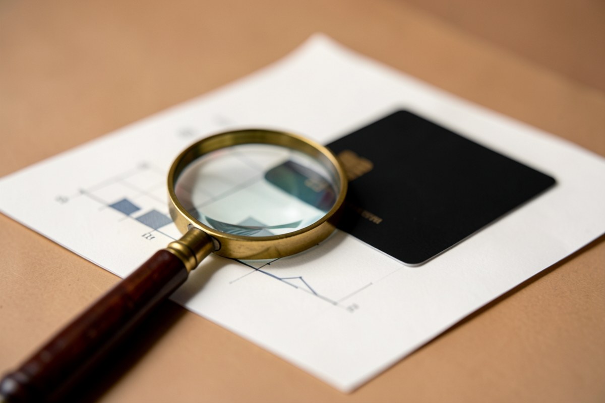 A magnifying glass over a credit card on a document with a visible chart, symbolizing understanding terms and fees.