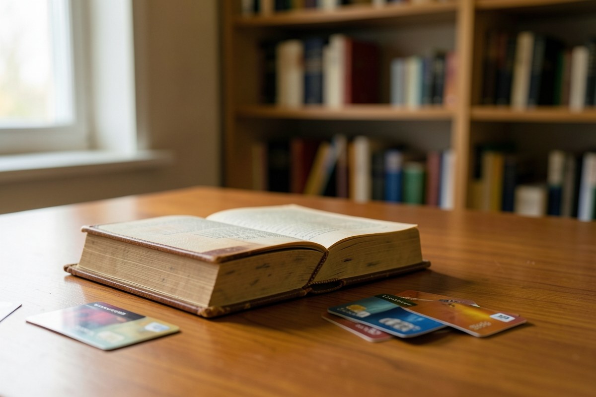 An open dictionary with a credit card bookmarking a page, with several other cards spread around, symbolizing a glossary.