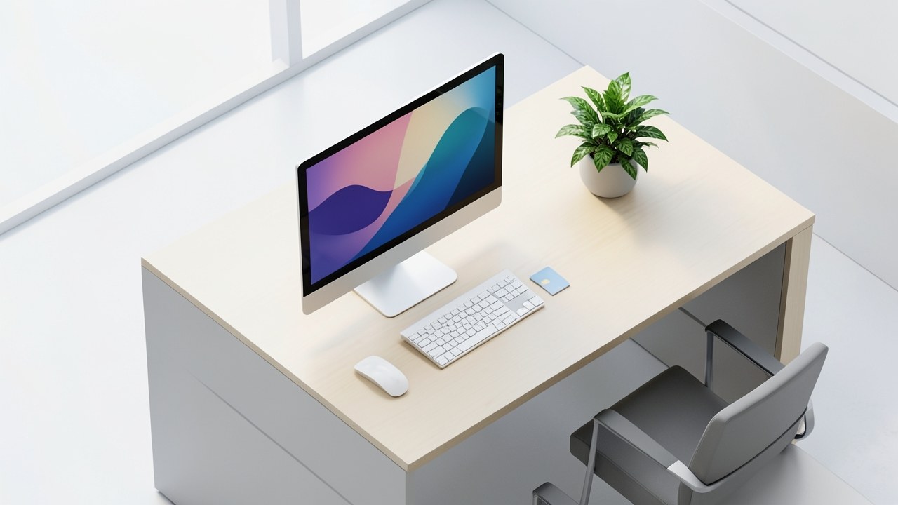 A modern office desk with a computer monitor displaying an abstract graphic, a credit card, and a small plant, representing the website's operations.