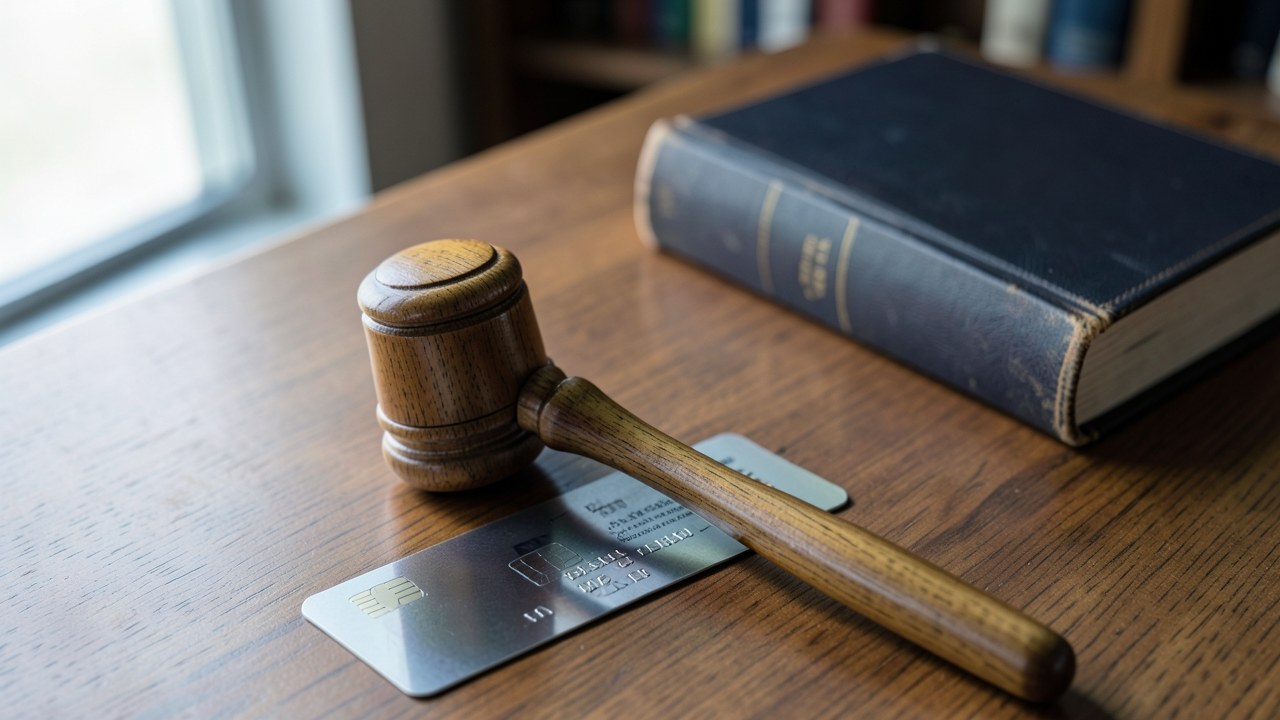 A gavel and a credit card on a desk, with a book of law in the background, representing terms and regulations.