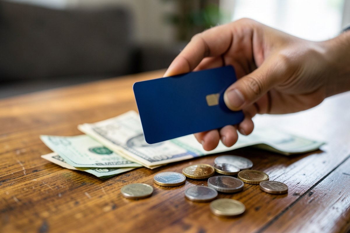 A hand holding a credit card with a few dollar bills and coins spread around it on a warm surface, suggesting cash back rewards.