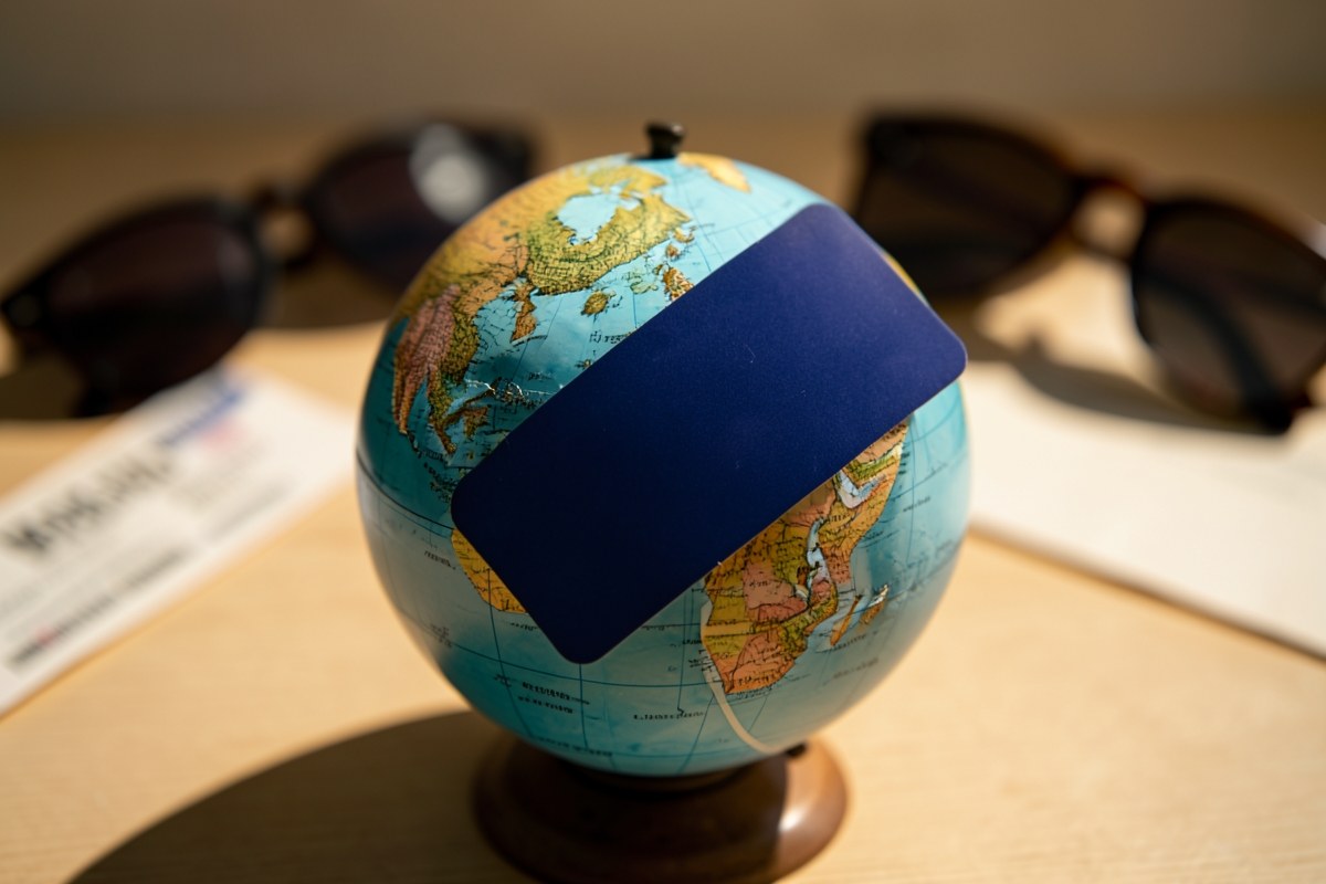 A credit card placed on a small portable world globe, with a boarding pass and a pair of sunglasses in soft focus in the background.